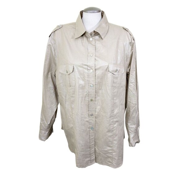 TanJay Womens Plus 20W Button Up Shirt Beige Shimmer Wet Look Pockets Epaulettes - Picture 1 of 8